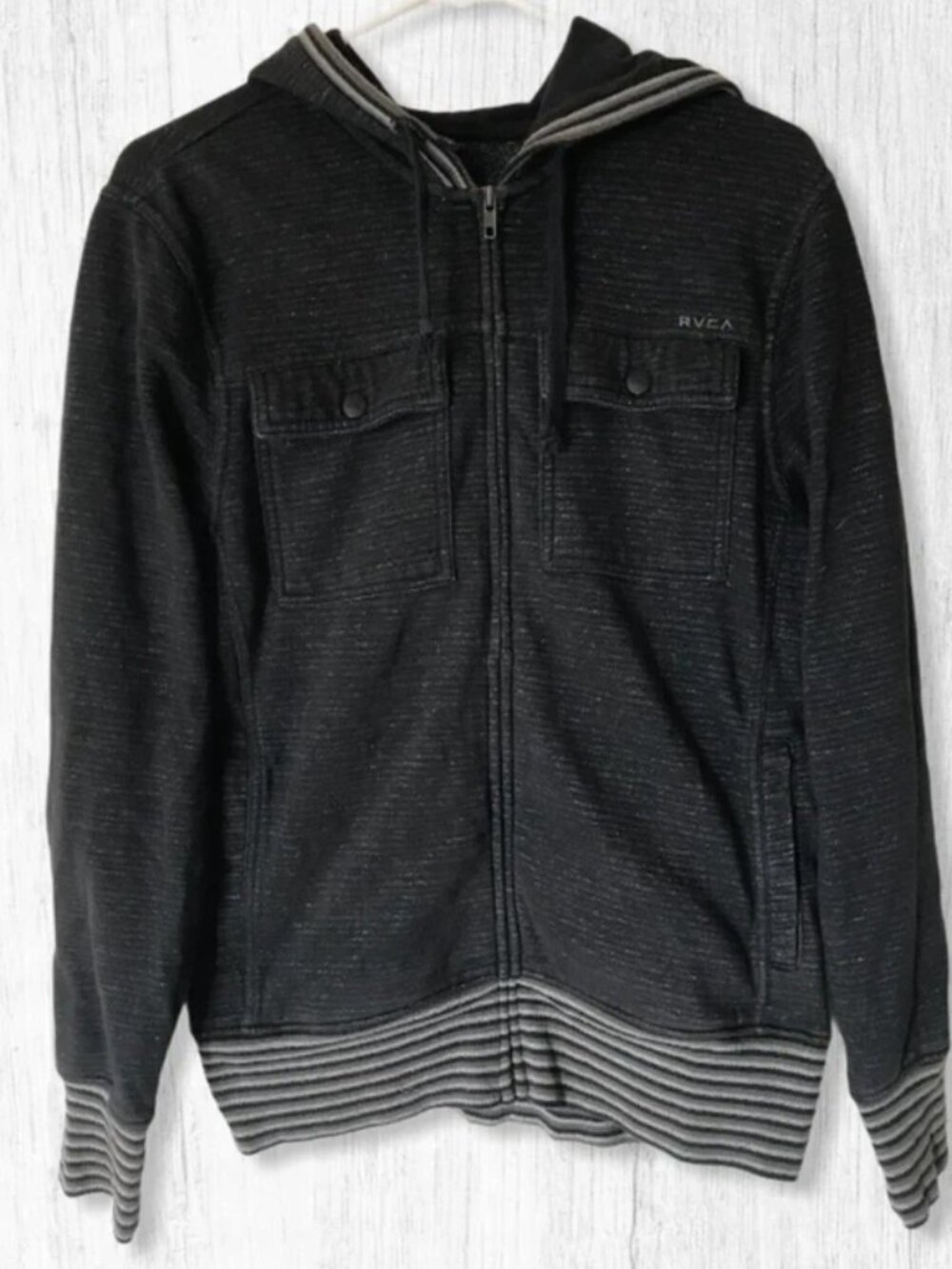 RVCA Black Striped Hem Full Zip Hoodie Mens Size S